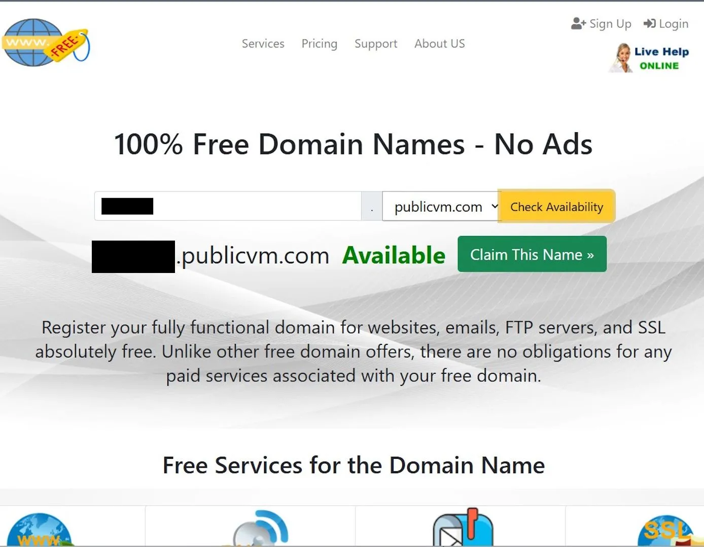 Hình ảnh minh họa trang đăng ký tên miền miễn phí trên Free Domain, hiển thị các bước nhập tên miền và TLD