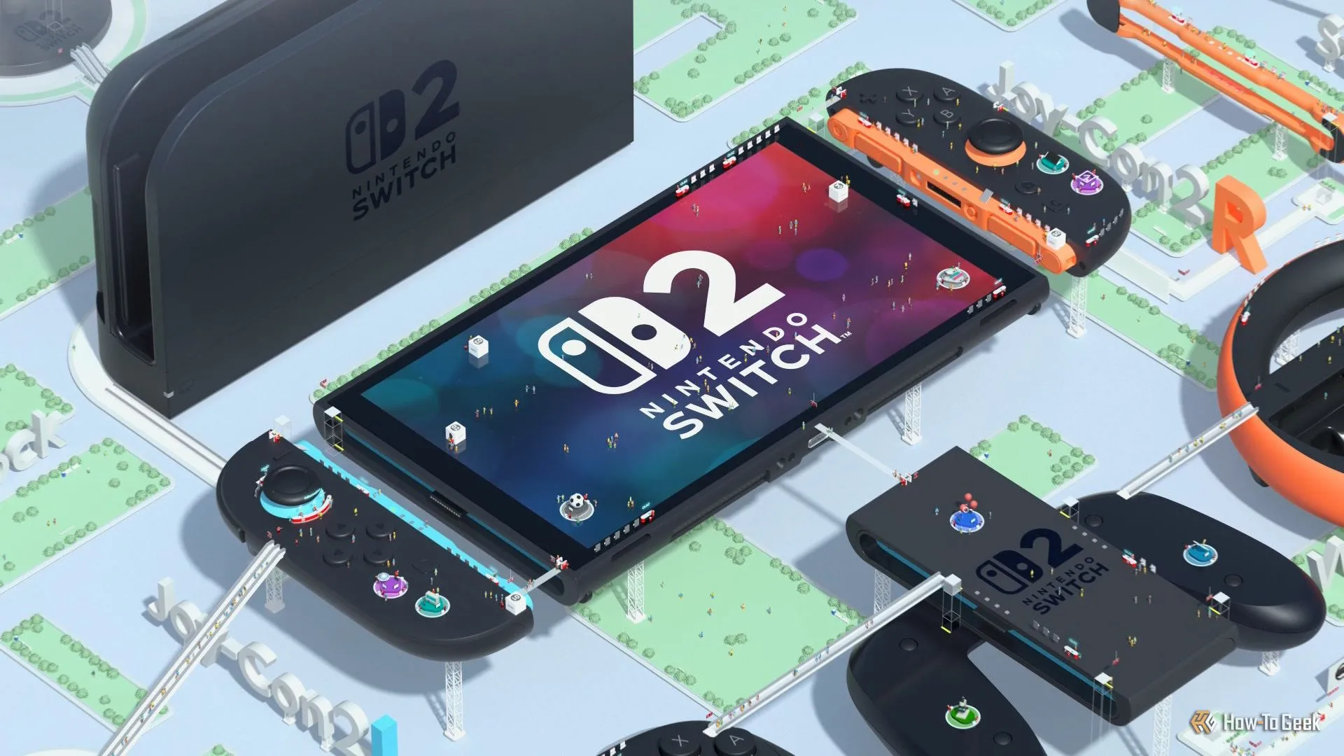 Hình ảnh phác họa Nintendo Switch 2, dock sạc và các phụ kiện, giới thiệu tổng quan về hệ máy mới