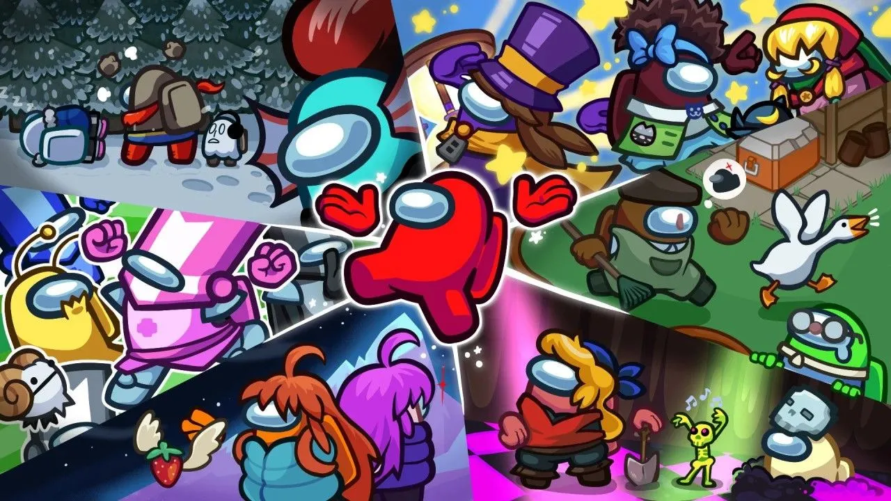 Hình ảnh quảng cáo các sự kiện crossover của nhiều game indie khác nhau trong Among Us, minh họa chiến lược cross-promotion.