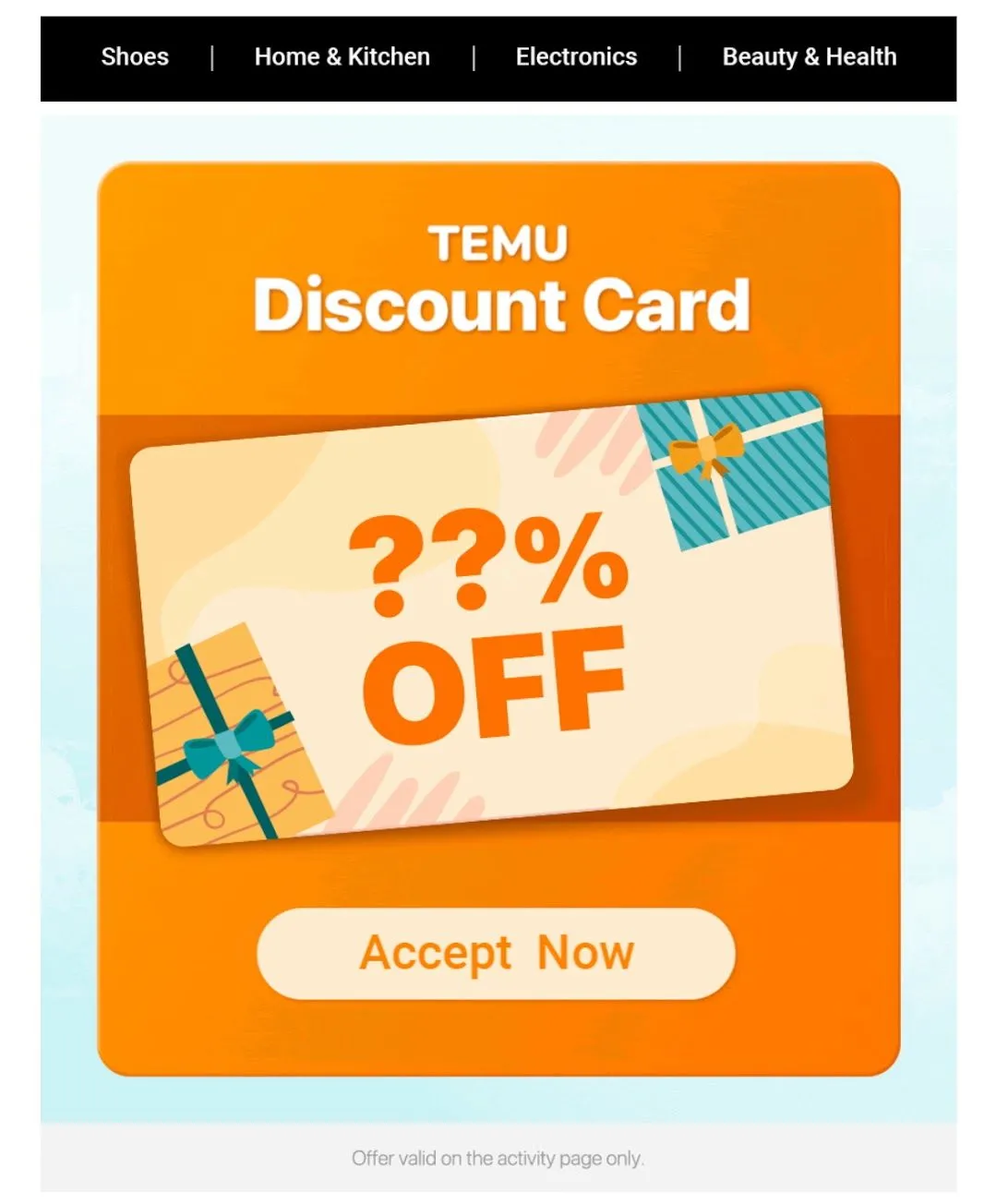 Hình ảnh quảng cáo giảm giá Temu với ưu đãi đặc biệt thường xuyên được gửi qua email.