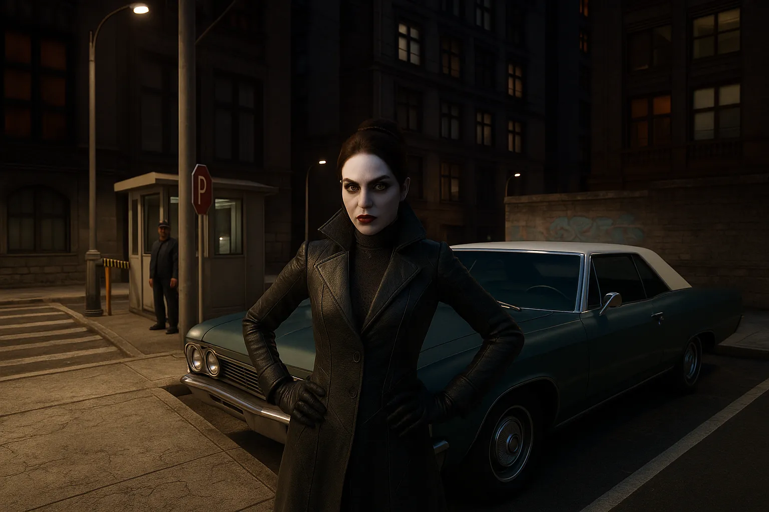 Hình ảnh tạo bởi AI, phác thảo vẻ ngoài của Vampire: The Masquerade – Bloodlines nếu được làm lại trên engine hiện đại, với hiệu ứng đổ bóng và chi tiết nhân vật nâng cao