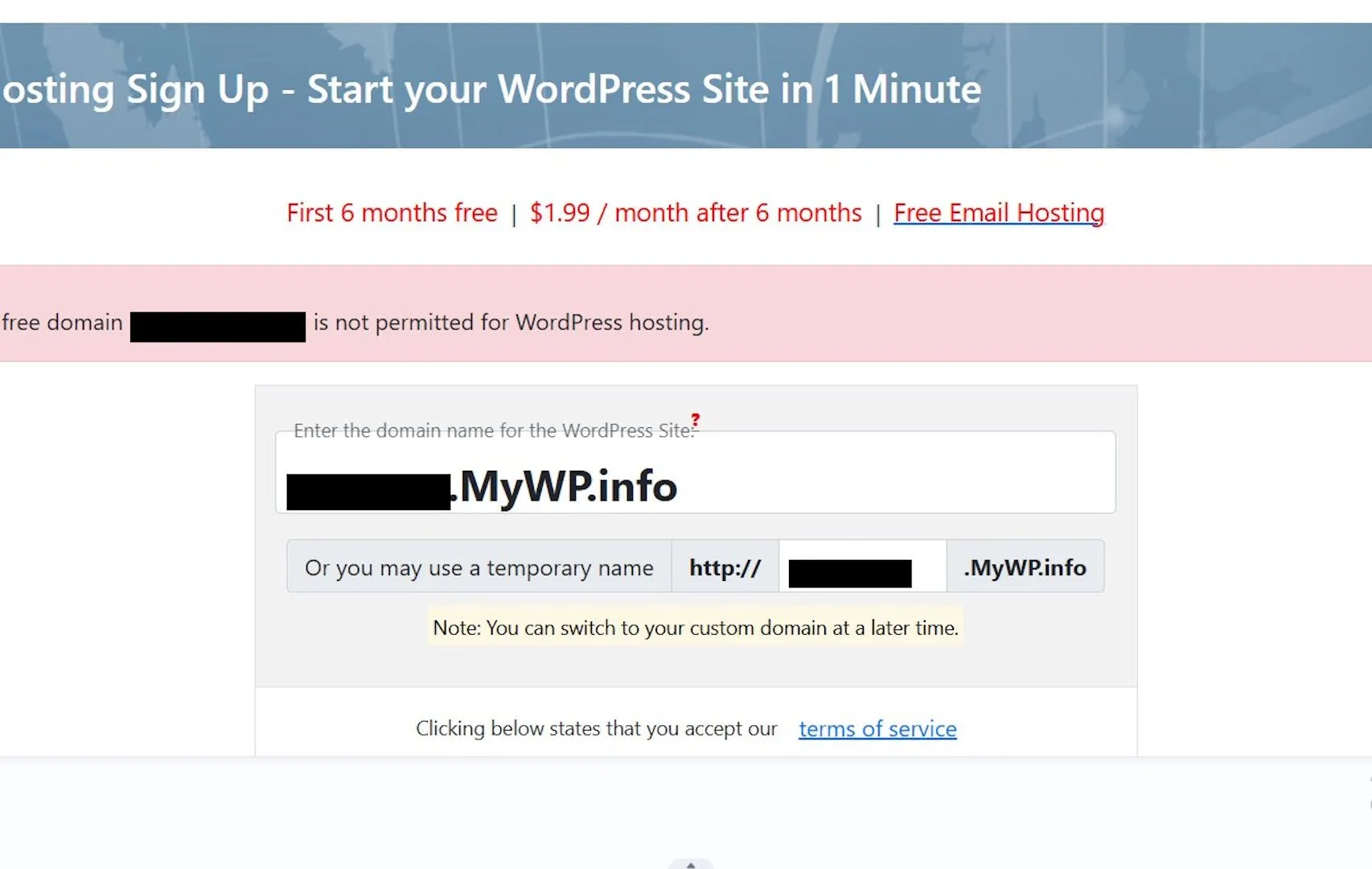 Hình ảnh thông báo dịch vụ hosting WordPress miễn phí của Free Domain đã bị ngừng hoạt động hoặc gặp lỗi