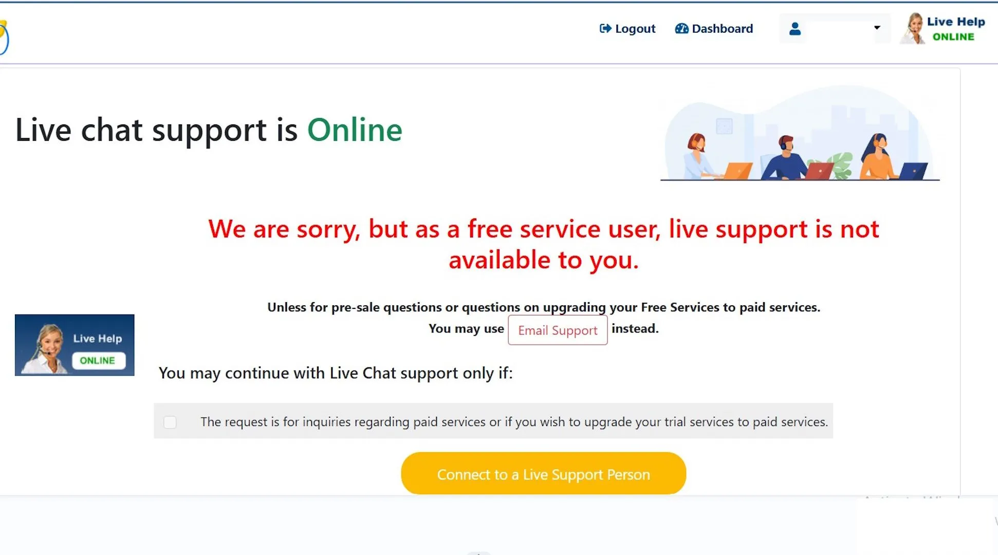 Hình ảnh thông báo Live Chat không khả dụng cho các tên miền miễn phí trên Free Domain