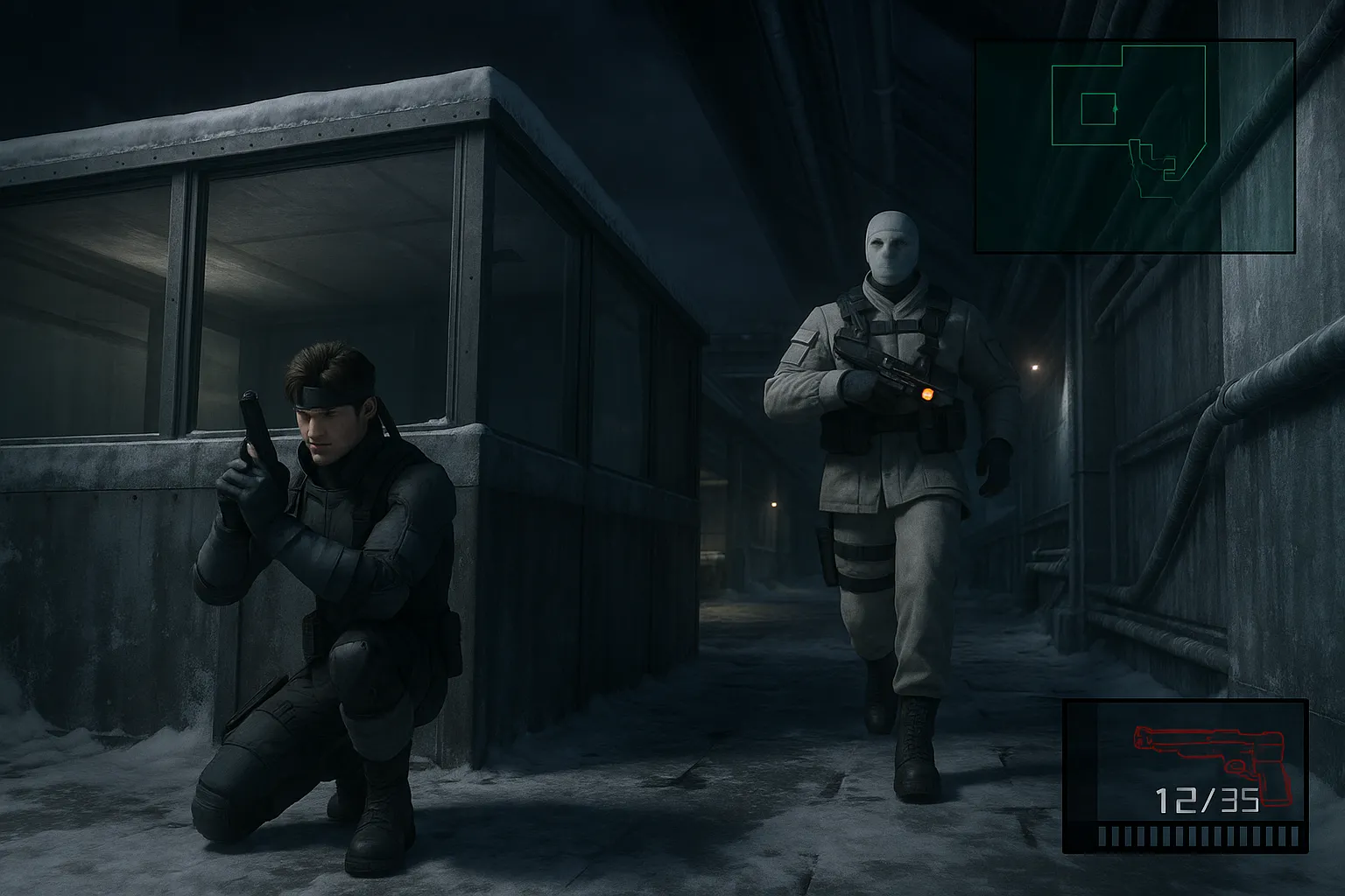 Hình ảnh ý tưởng được tạo bởi AI, mô phỏng Metal Gear Solid với đồ họa hiện đại, nhấn mạnh chi tiết môi trường và mô hình nhân vật chân thực