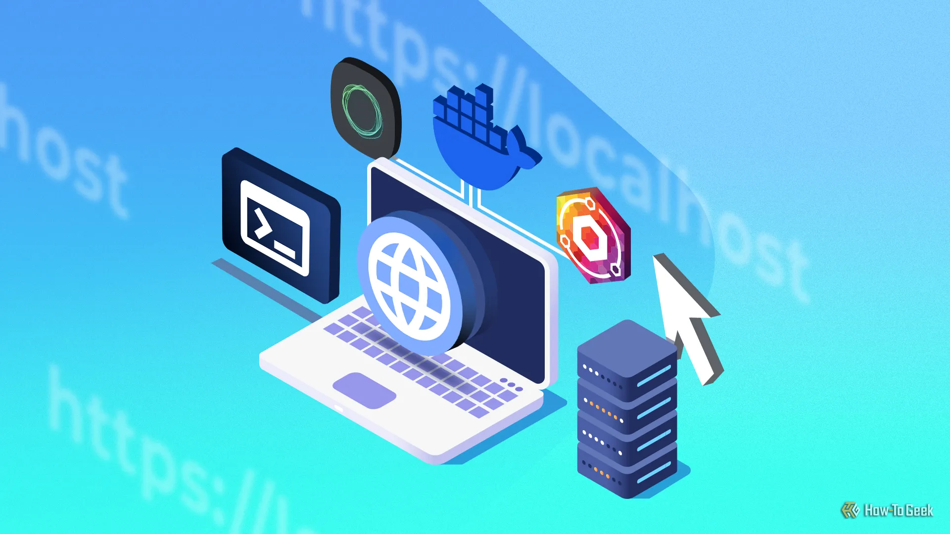 Hình minh họa isometric của một máy tính xách tay bên cạnh một máy chủ và các biểu tượng liên quan đến internet xung quanh, tượng trưng cho việc quản lý dịch vụ web