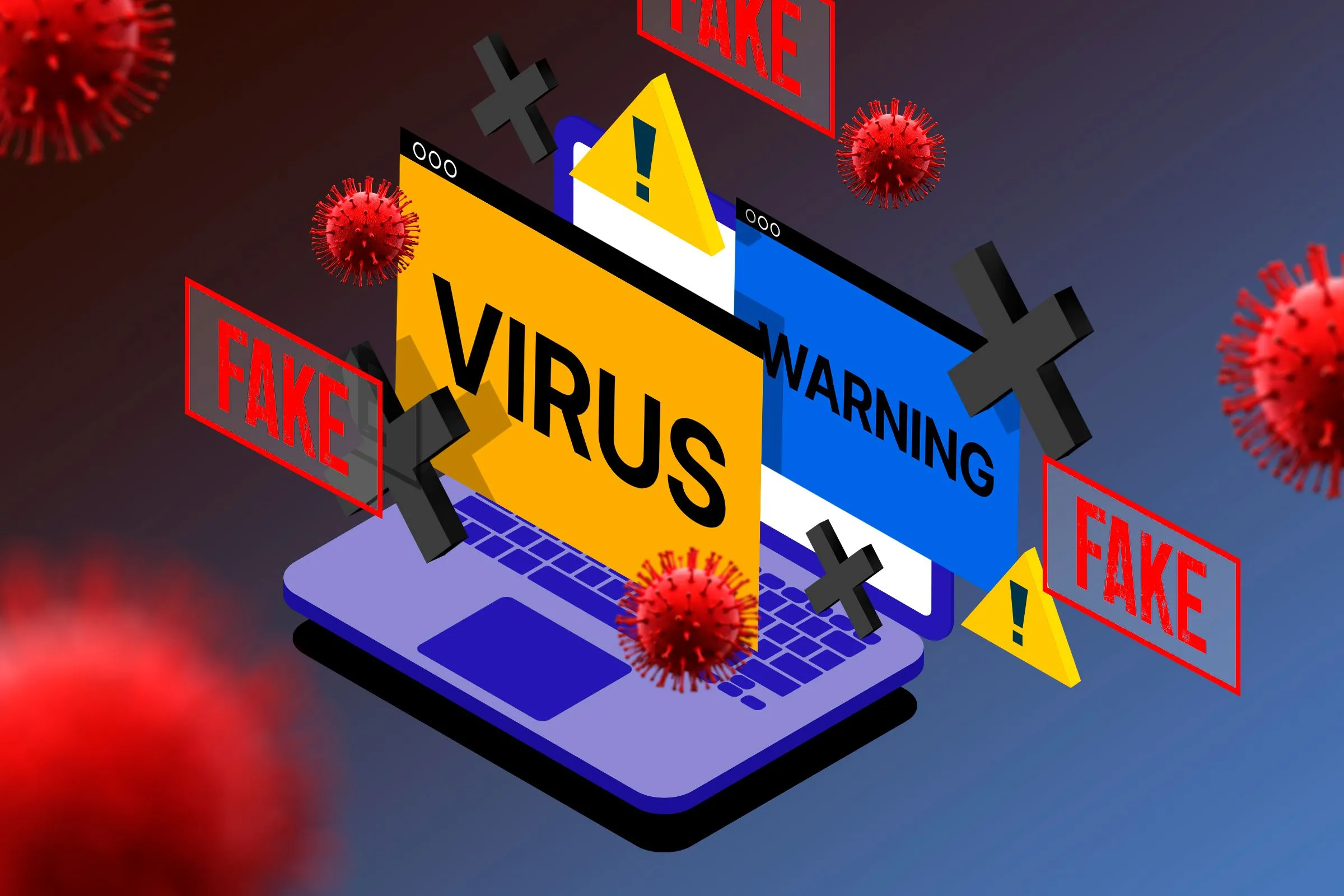 Hình minh họa máy tính xách tay với các cảnh báo nguy hiểm, biểu tượng virus và phần mềm độc hại, cho thấy VPN không thể bảo vệ khỏi mối đe dọa này.