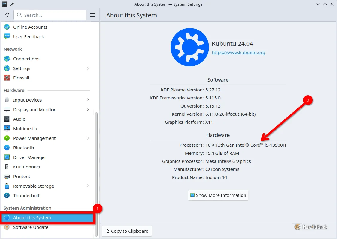 Hộp thoại Cài đặt KDE Plasma hiển thị thông tin hệ thống, tên bộ xử lý được đánh dấu
