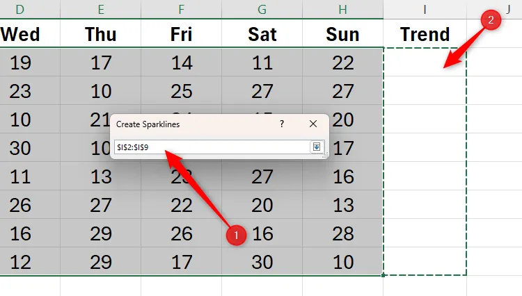 Hộp thoại Create Sparklines trong Excel, trường Location Range đang hoạt động với các ô I2 đến I9 được chọn.