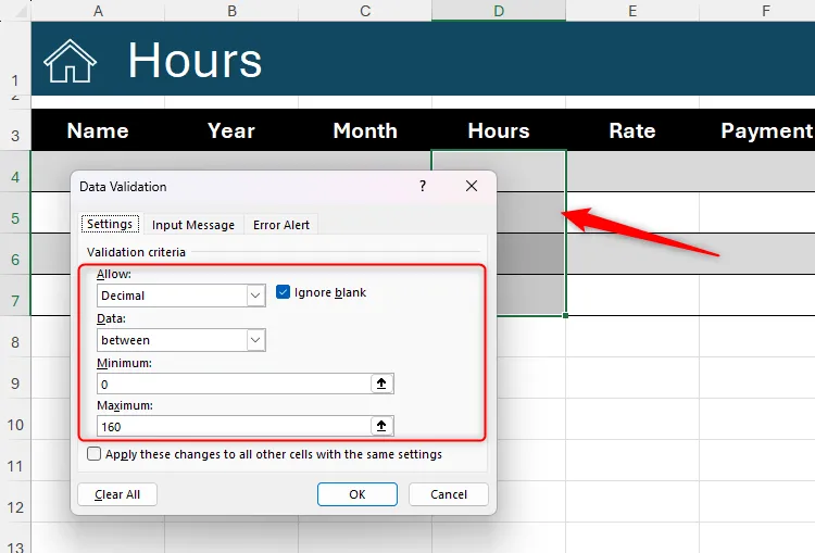Hộp thoại Data Validation (Xác thực Dữ liệu) trong Microsoft Excel, với đầu vào được giới hạn là một số thập phân từ 0 đến 160