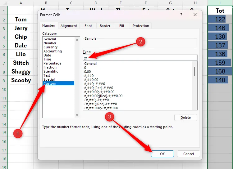 Hộp thoại Format Cells trong Excel với tùy chọn Custom được chọn, ba dấu chấm phẩy ;;; được nhập vào ô Type để ẩn giá trị.