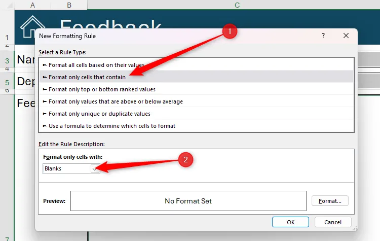 Hộp thoại New Formatting Rule (Quy tắc Định dạng Mới) trong Microsoft Excel, với các tùy chọn Format Only Cells That Contain (Chỉ Định dạng Các Ô Có Chứa) và Blanks (Ô Trống) được chọn