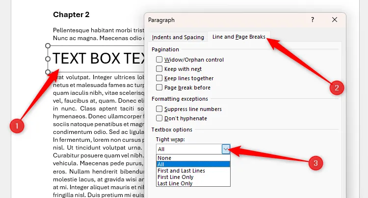Hộp văn bản được chọn trong Microsoft Word, các tùy chọn Tight Wrap trong hộp thoại Paragraph được mở rộng