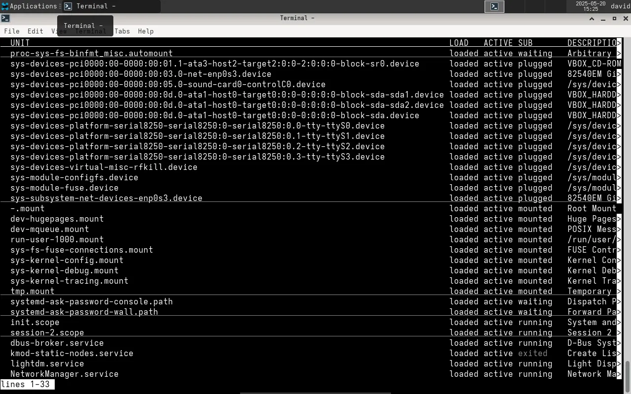 Kết quả lệnh systemctl list-units hiển thị các dịch vụ đang chạy trên hệ thống Linux