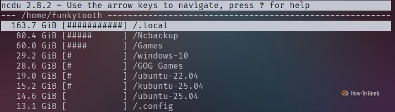 Kết quả quét ncdu trên Terminal Linux, chỉ ra các thư mục game lớn và thư mục cục bộ.