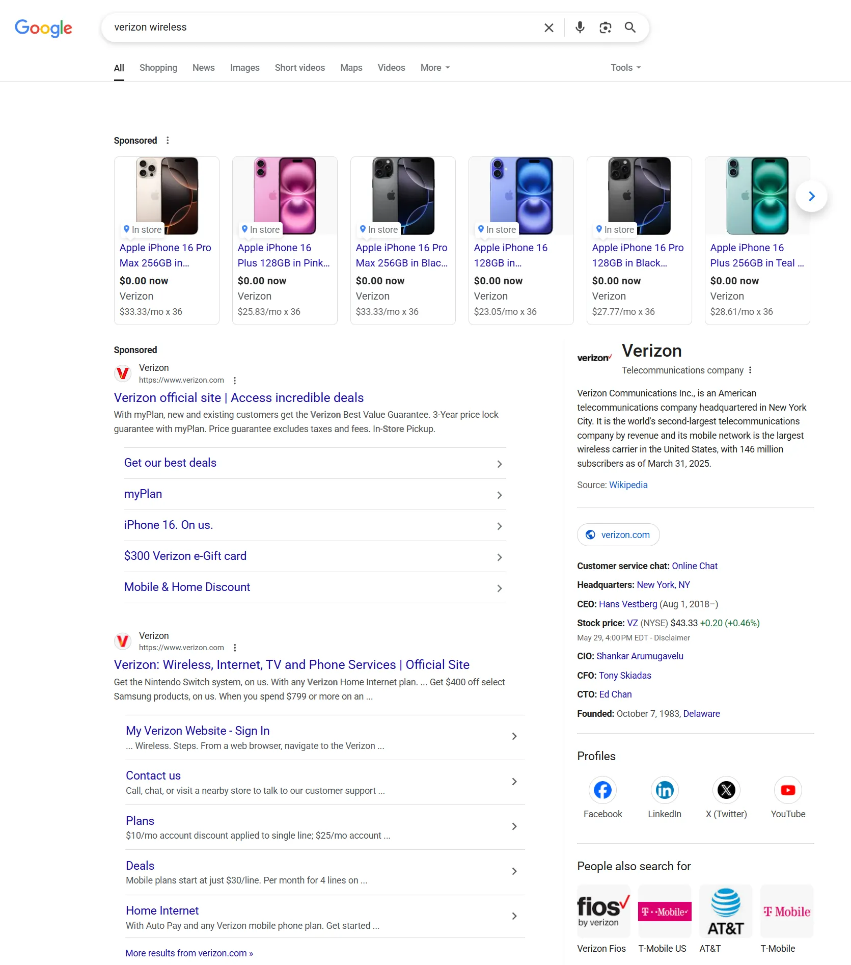 Kết quả tìm kiếm Google cho từ khóa 'Verizon' với các liên kết được tài trợ (sponsored links) hiển thị, bị chặn bởi Pi-hole.