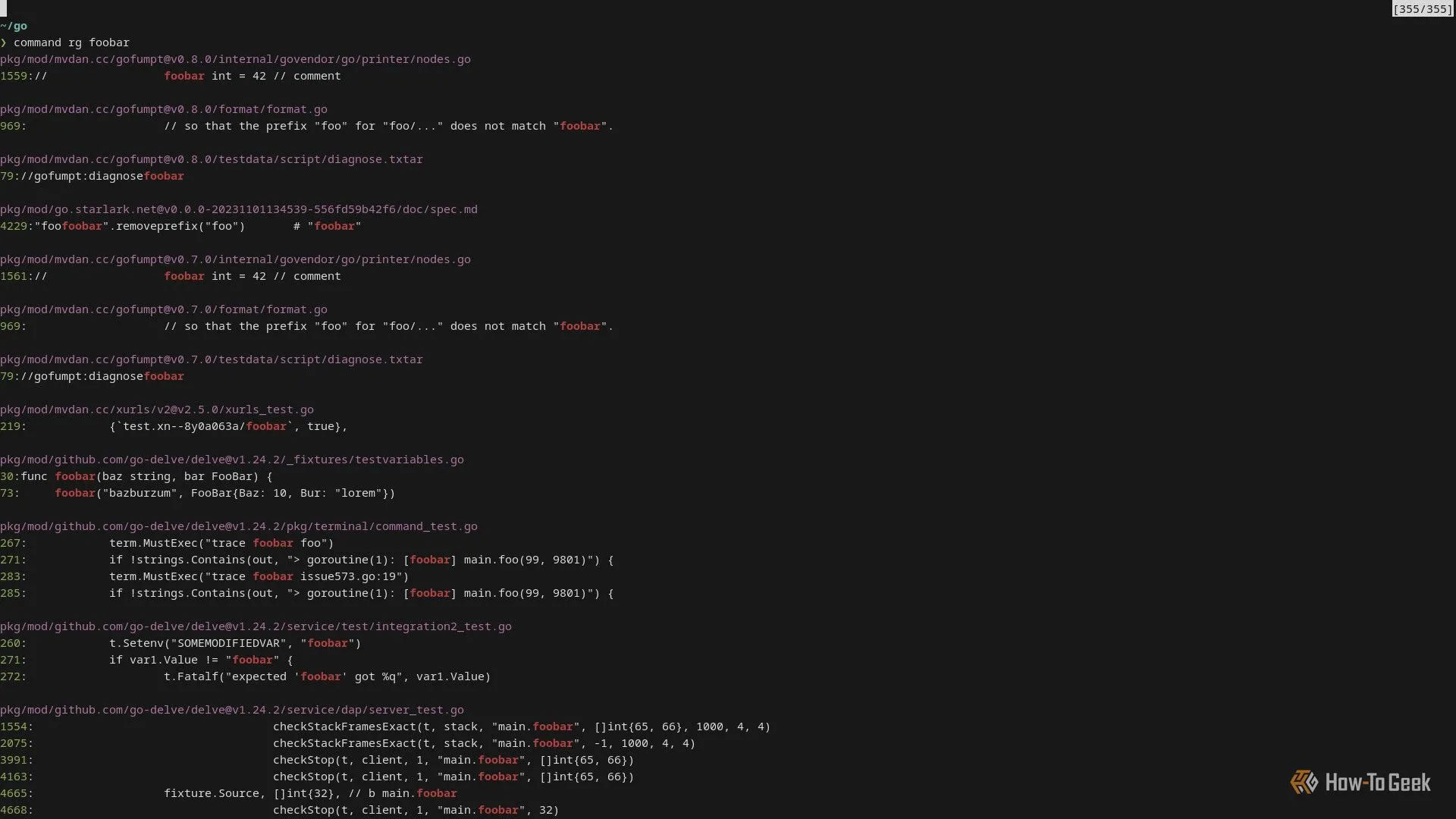 Kết quả tìm kiếm ripgrep trong terminal, từ khóa được highlight màu đỏ.
