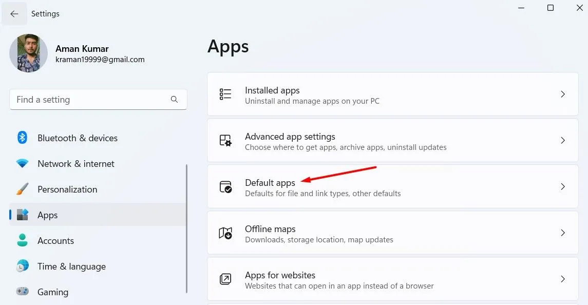 Khu vực cài đặt ứng dụng mặc định trên Windows 11