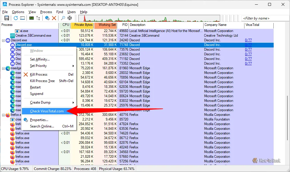 Kiểm tra tiến trình Discord.exe bằng tính năng VirusTotal trong Process Explorer