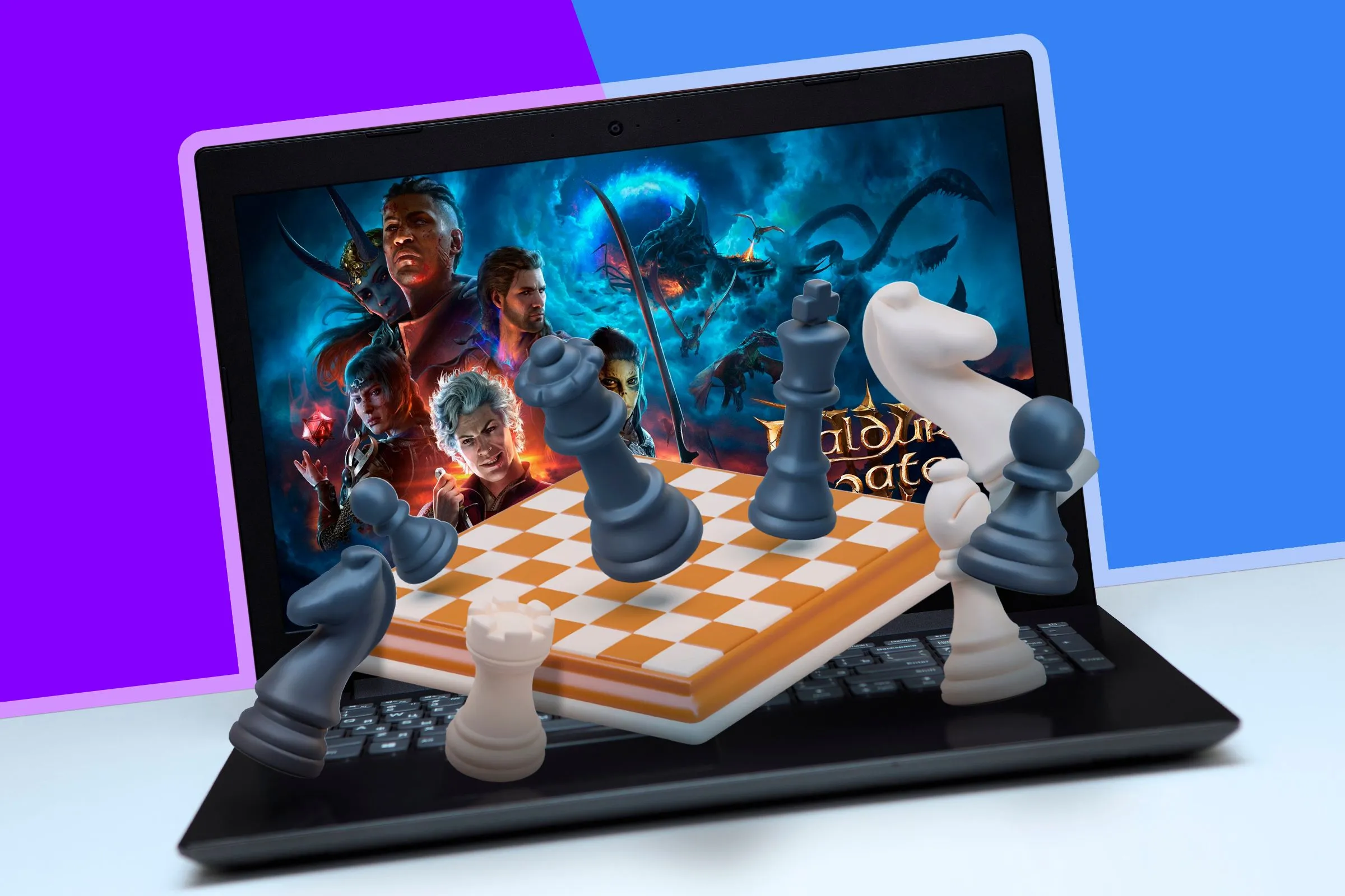 Laptop hiển thị game Baldur's Gate 3 và bàn cờ vua, biểu tượng cho game chiến thuật theo lượt