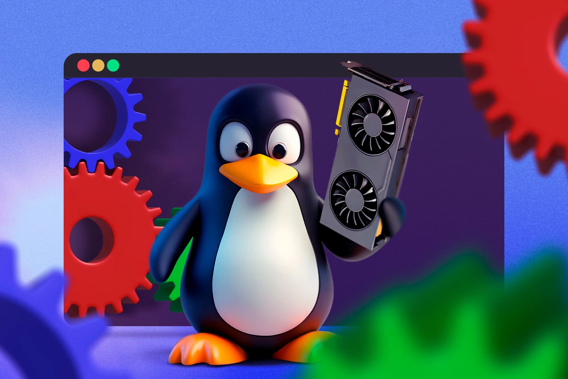 Linh vật Linux Tux cầm card đồ họa GPU, biểu tượng cho khả năng tương thích phần cứng và driver NVIDIA.