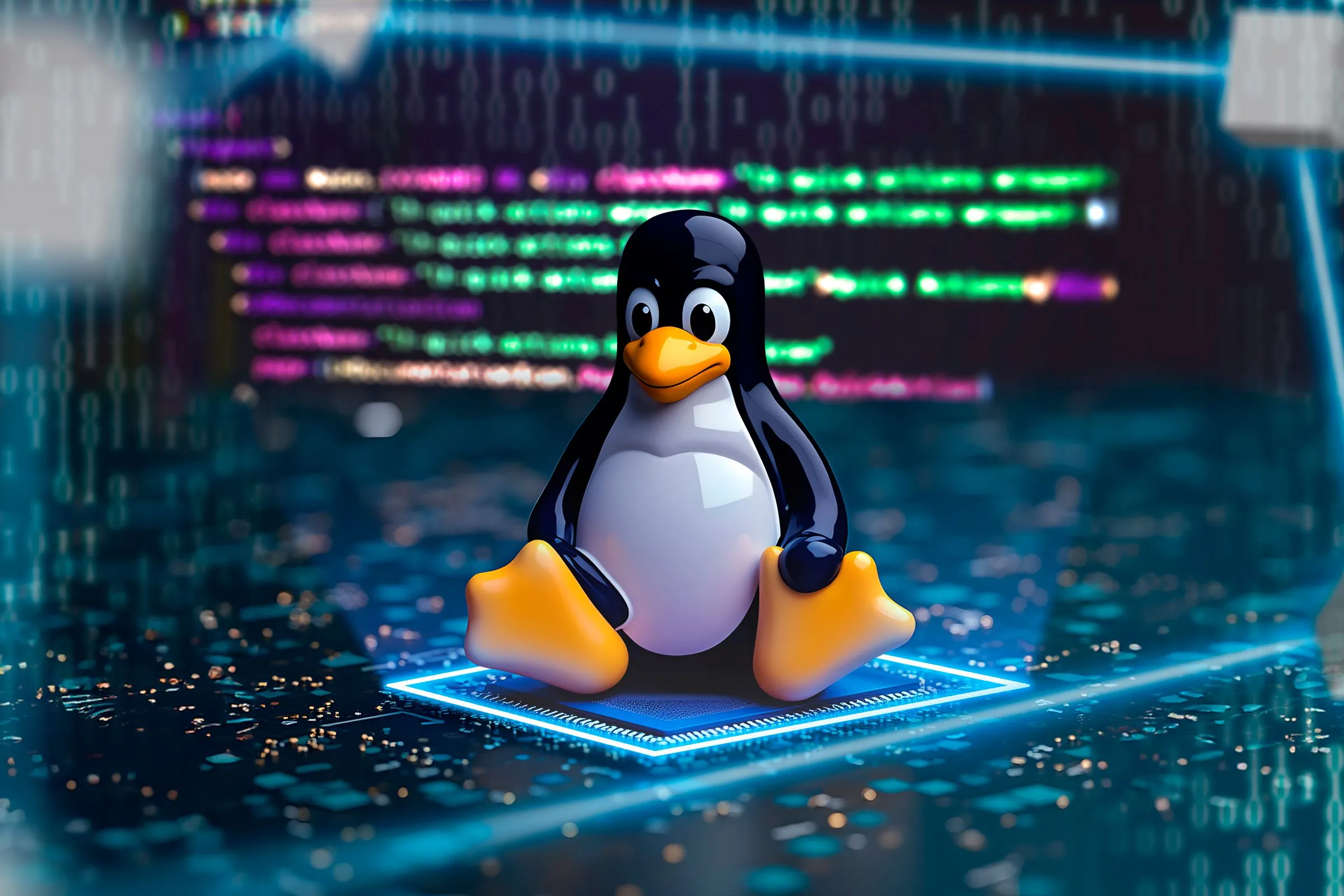Linh vật Linux Tux đang ngồi trên một con chip, phía sau là mã code bị làm mờ.