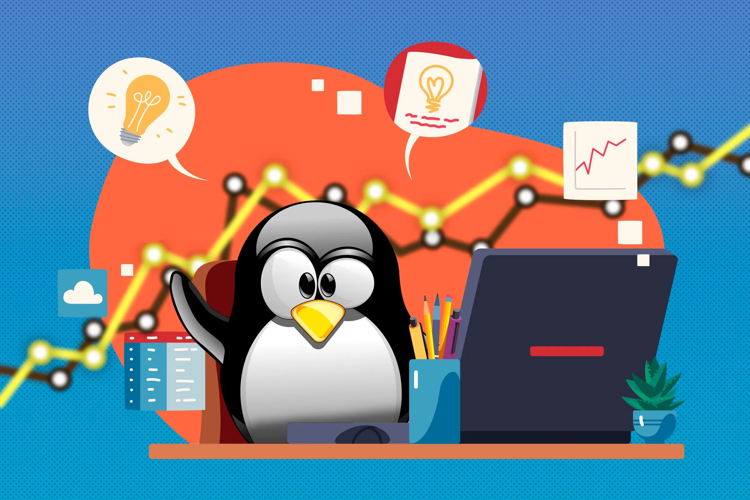 Linh vật Linux Tux làm việc tại bàn, minh họa cách người dùng tương tác với hệ thống qua môi trường desktop.