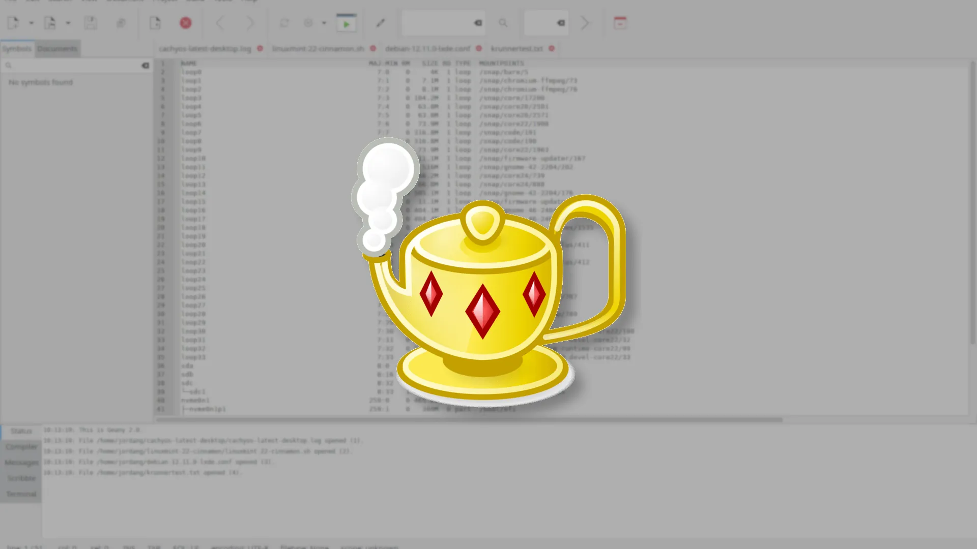 Logo Geany nổi bật trên cửa sổ môi trường phát triển tích hợp (IDE) Geany