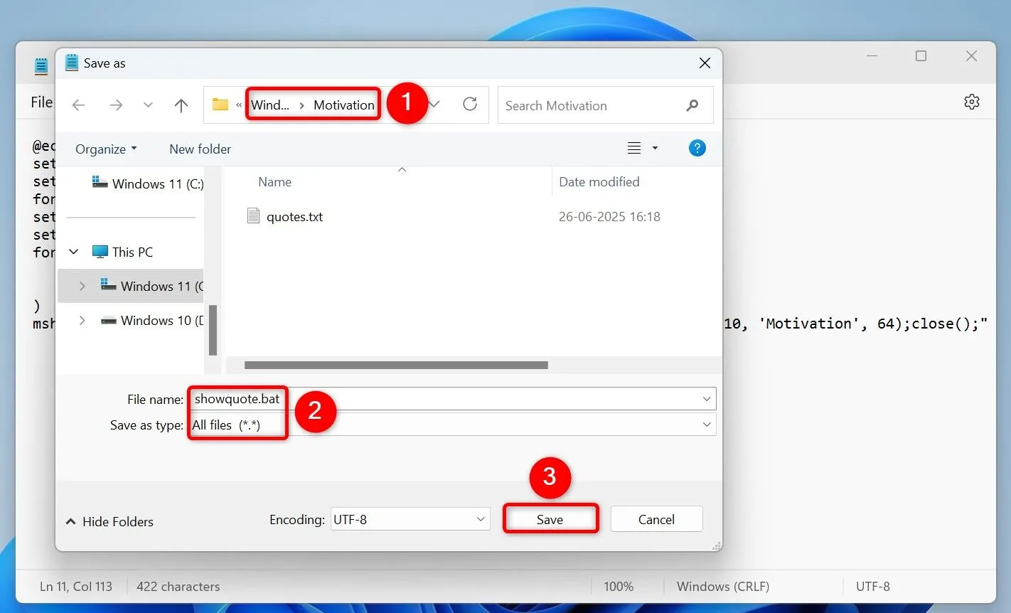 Lưu file showquote.bat làm script tự động chọn và hiển thị câu trích dẫn