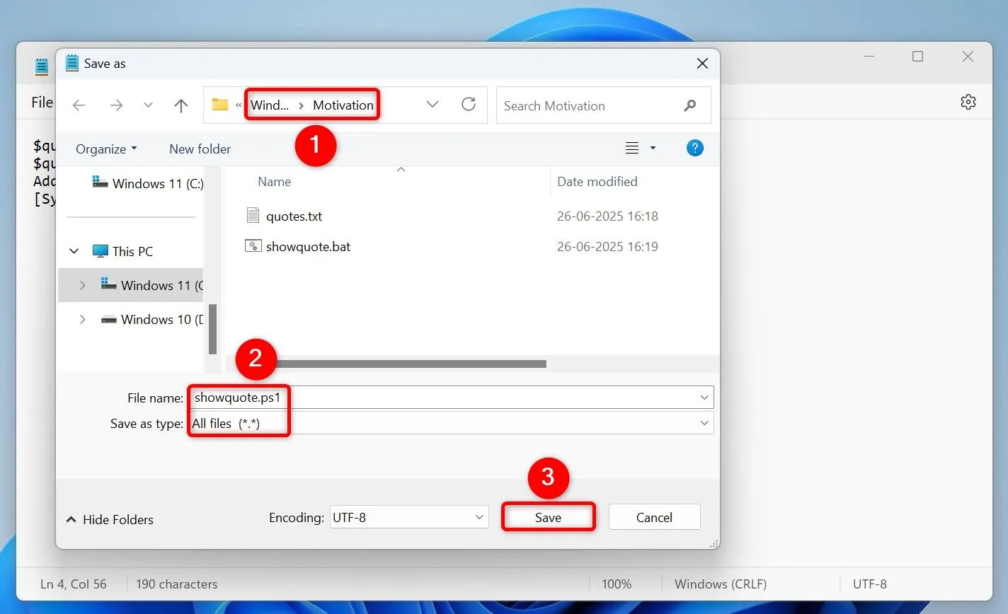 Lưu file showquote.ps1 làm script PowerShell để hiển thị câu trích dẫn