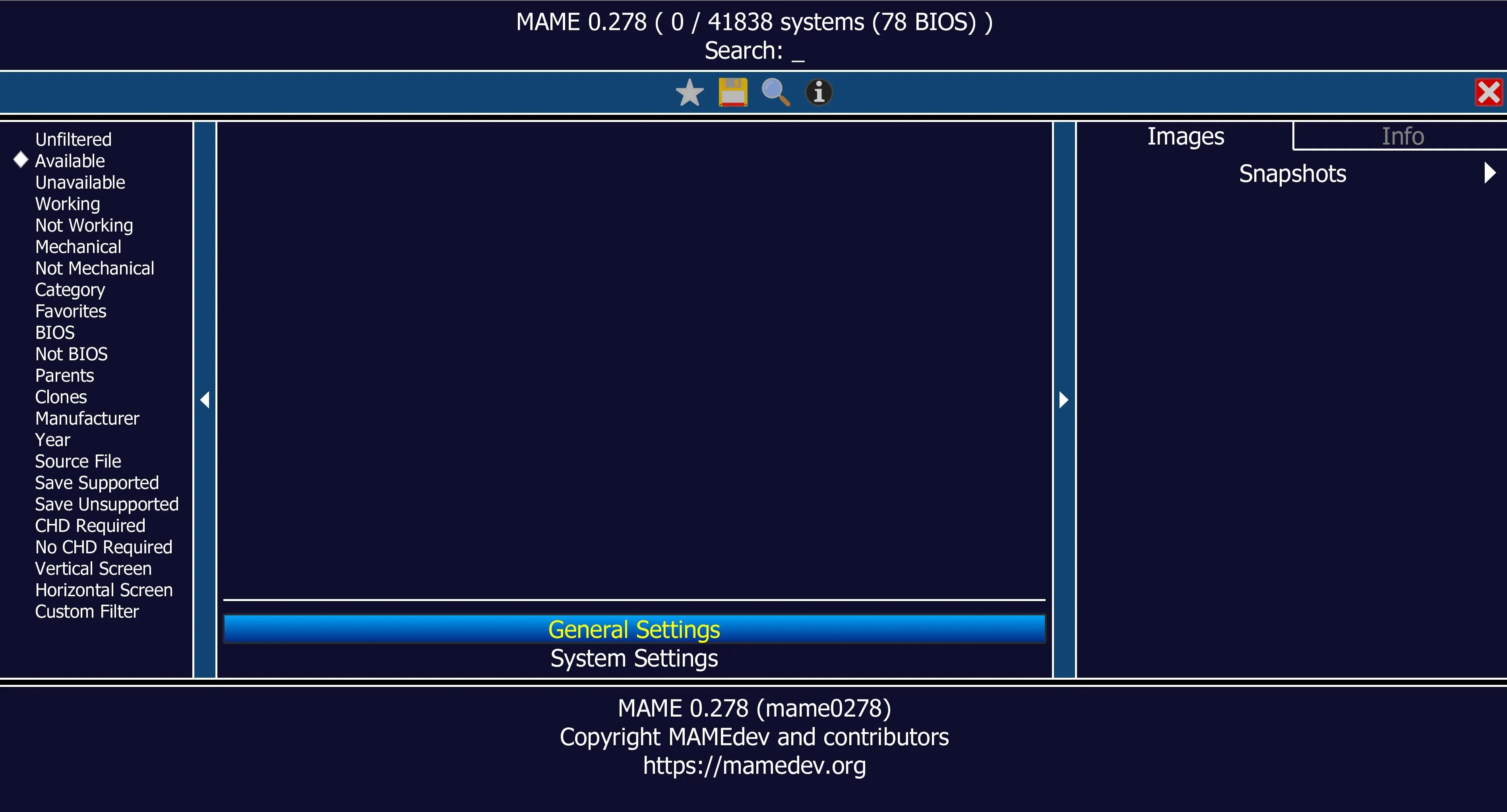 Màn hình chính của giả lập MAME trên PC Windows 11, hiển thị danh sách các game arcade.