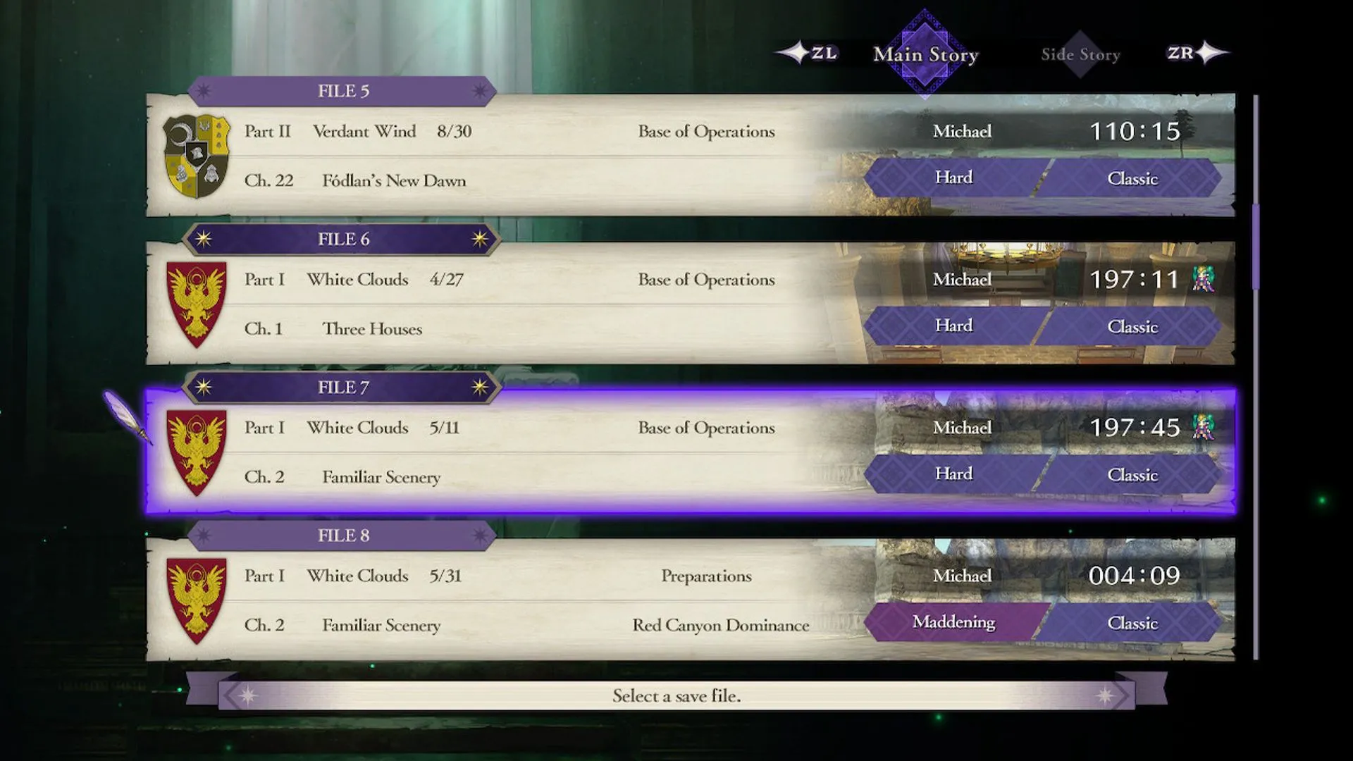Màn hình chọn file lưu trong Fire Emblem: Three Houses hiển thị nhiều giờ chơi game