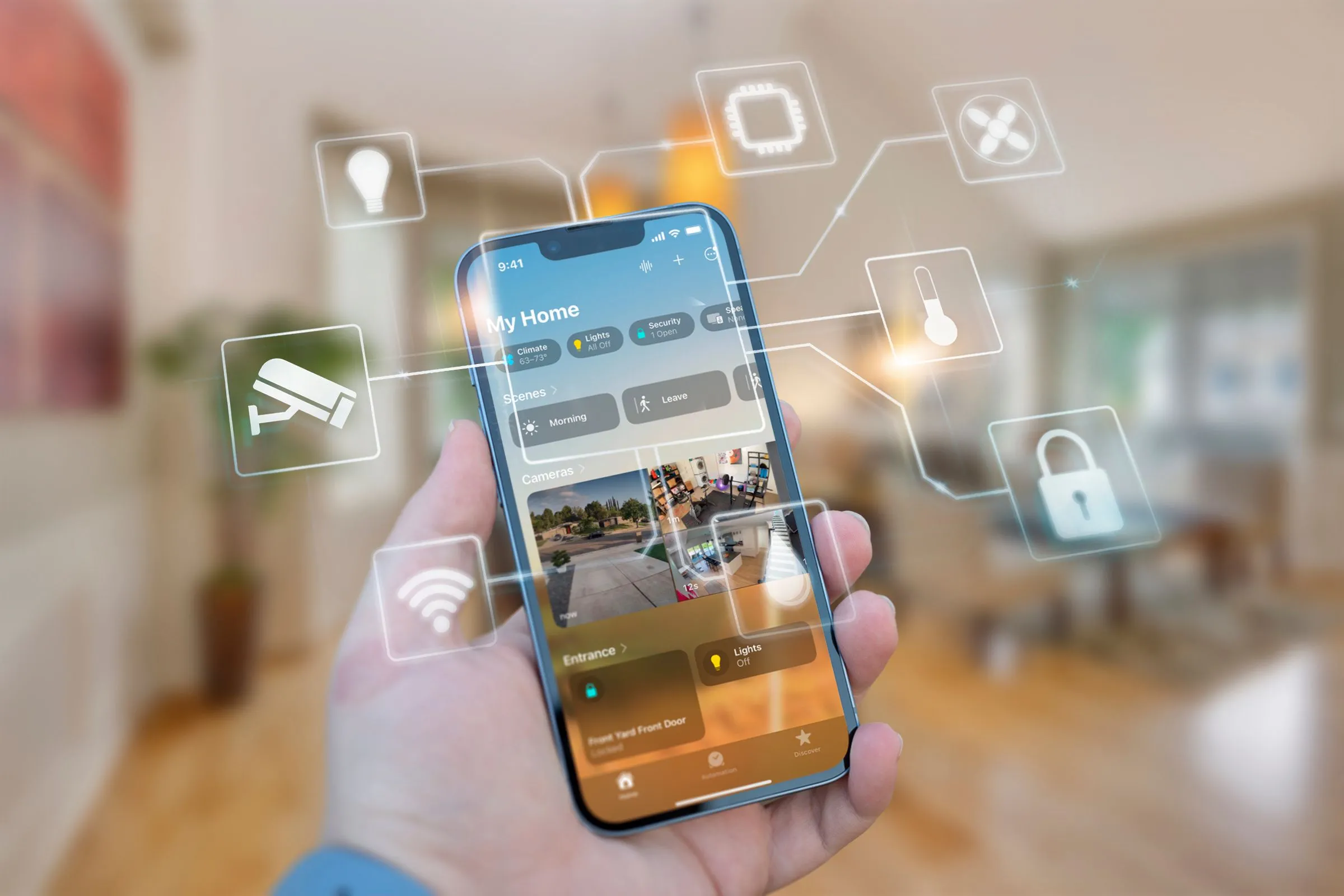 Màn hình iPhone hiển thị các cảnh nhà thông minh với nhiều biểu tượng thiết bị, minh họa hoạt động của các thiết bị IoT trong mạng.