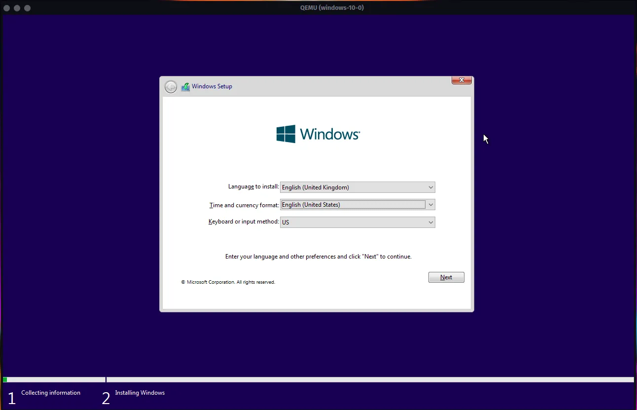 Màn hình khởi tạo cài đặt Windows 10 bên trong ứng dụng QEMU, minh họa quá trình Quickemu thiết lập máy ảo.