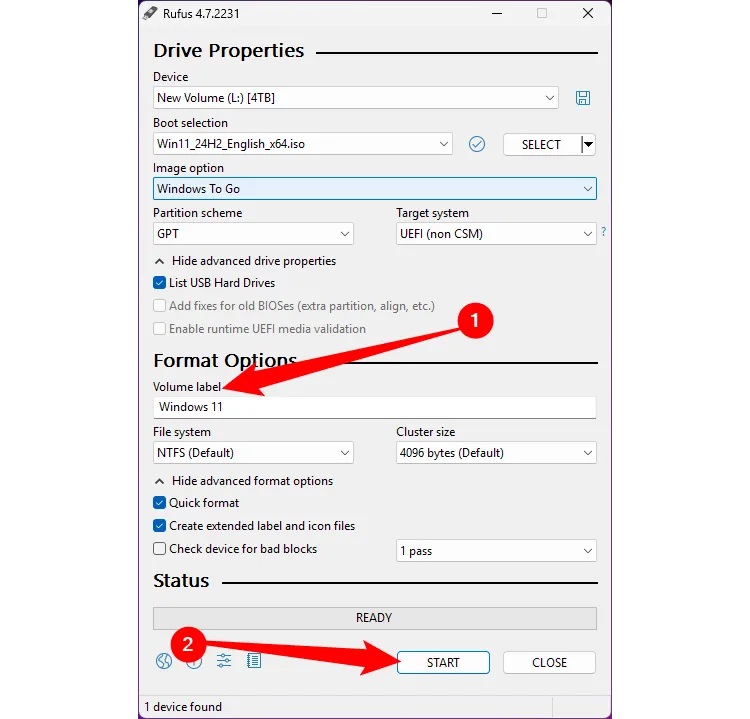 Màn hình Rufus cho phép chọn phiên bản Windows và đặt tên cho ổ đ đĩa USB boot Windows.