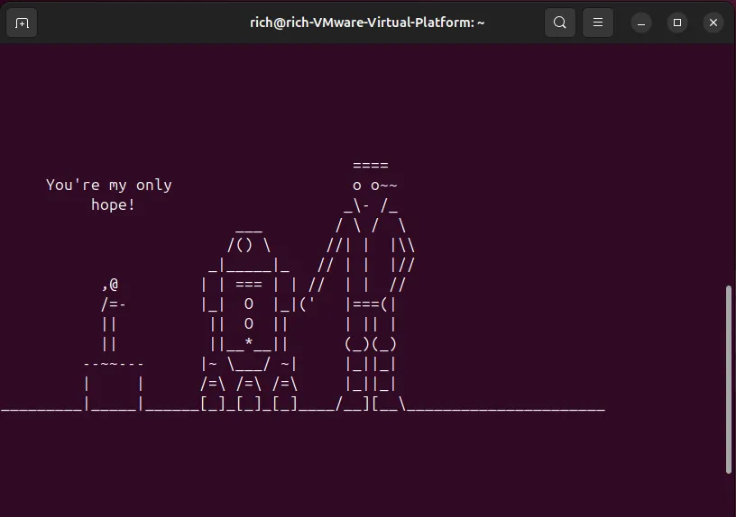 Màn hình terminal hiển thị cảnh Star Wars bằng nghệ thuật ASCII với các nhân vật và câu nói “You’re my only hope!”