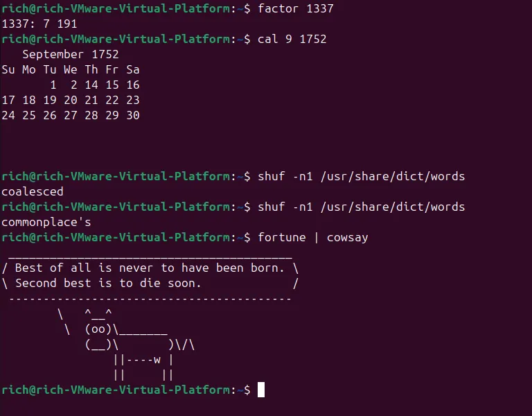 Màn hình terminal hiển thị nhiều kết quả lệnh Easter egg của Linux như factor, cal, shuf, và fortune | cowsay