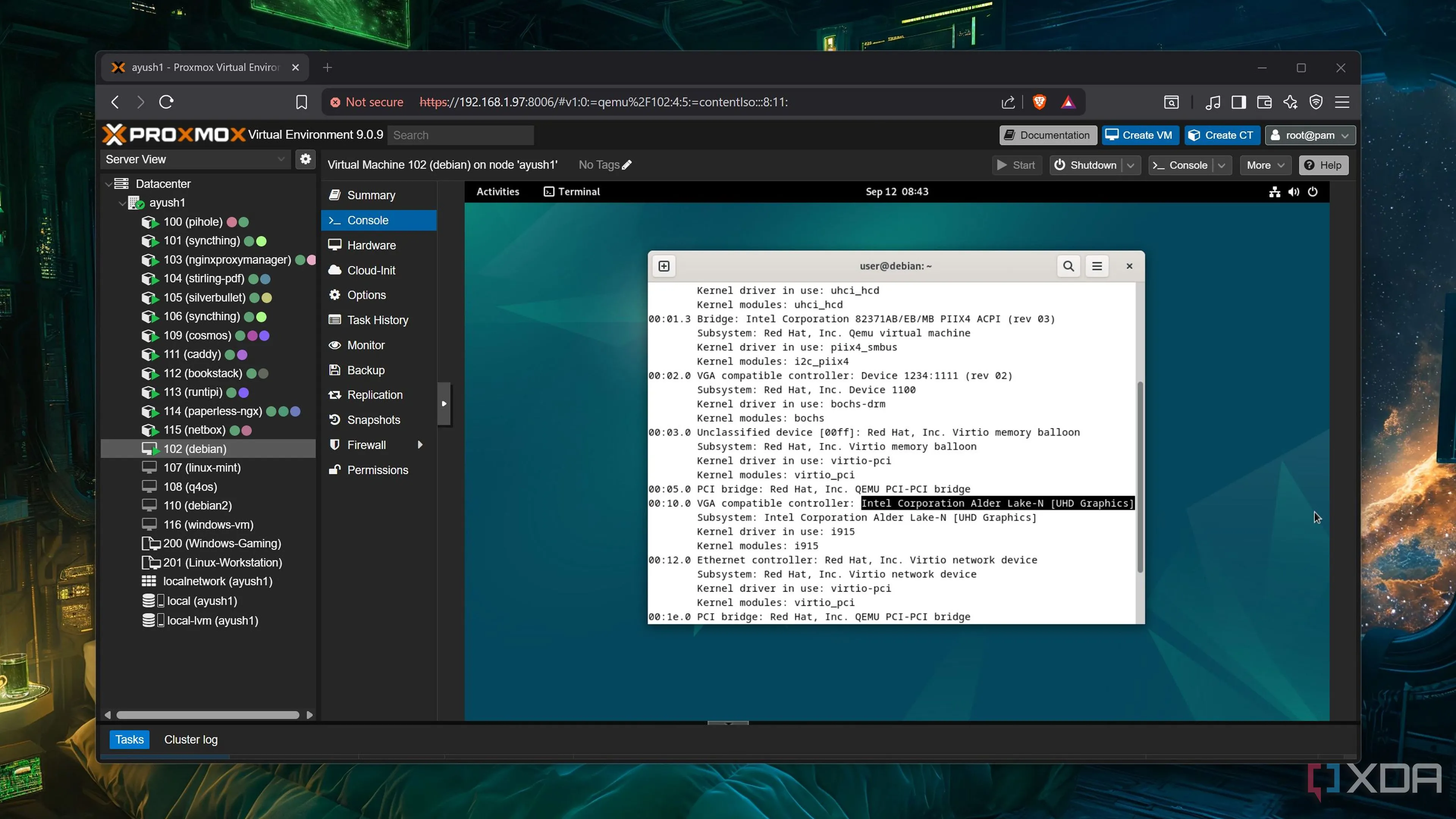 Máy ảo Debian phát hiện GPU trong Proxmox VE, minh họa nhu cầu sử dụng VM cho tác vụ nặng