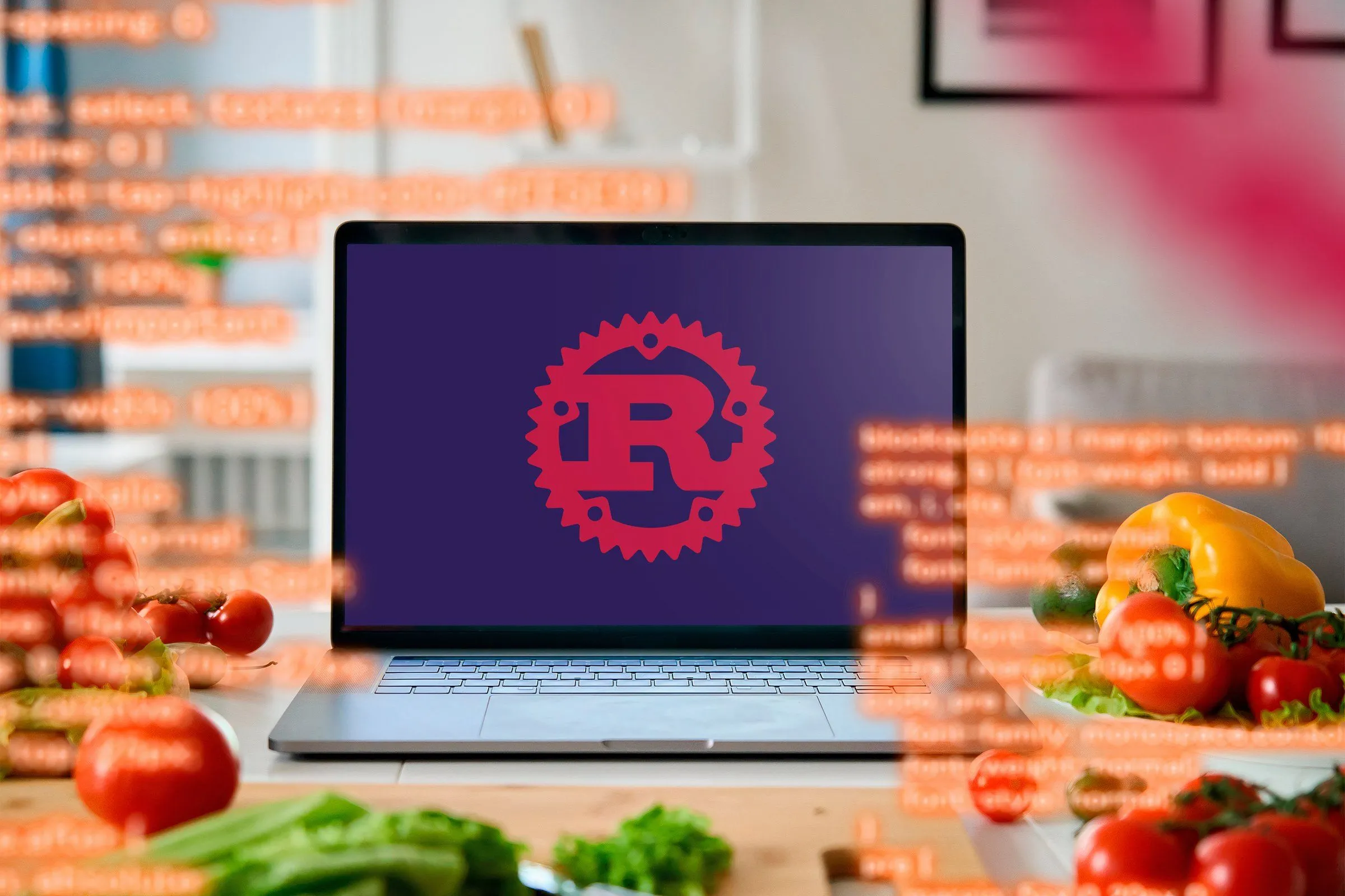 Máy tính xách tay hiển thị logo ngôn ngữ lập trình Rust, biểu tượng cho sự phát triển và phổ biến của nó
