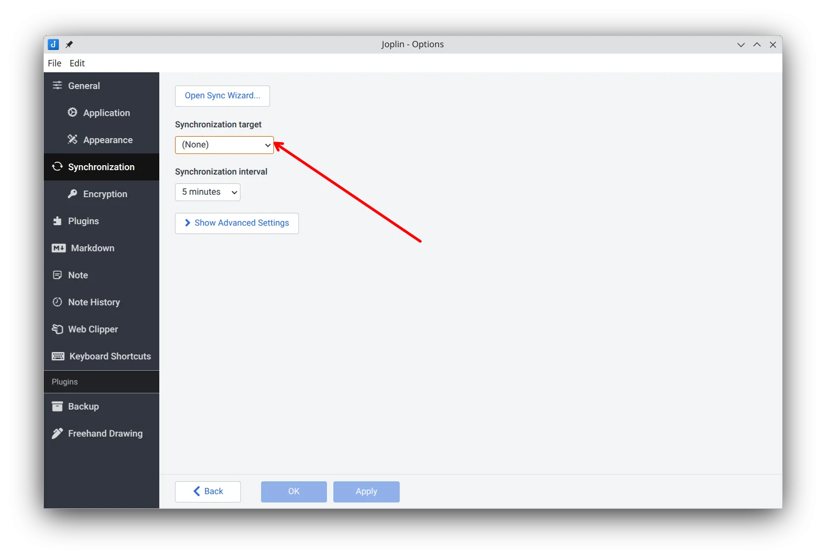 Menu cài đặt đồng bộ hóa của Joplin, cho phép người dùng chọn dịch vụ lưu trữ đám mây.