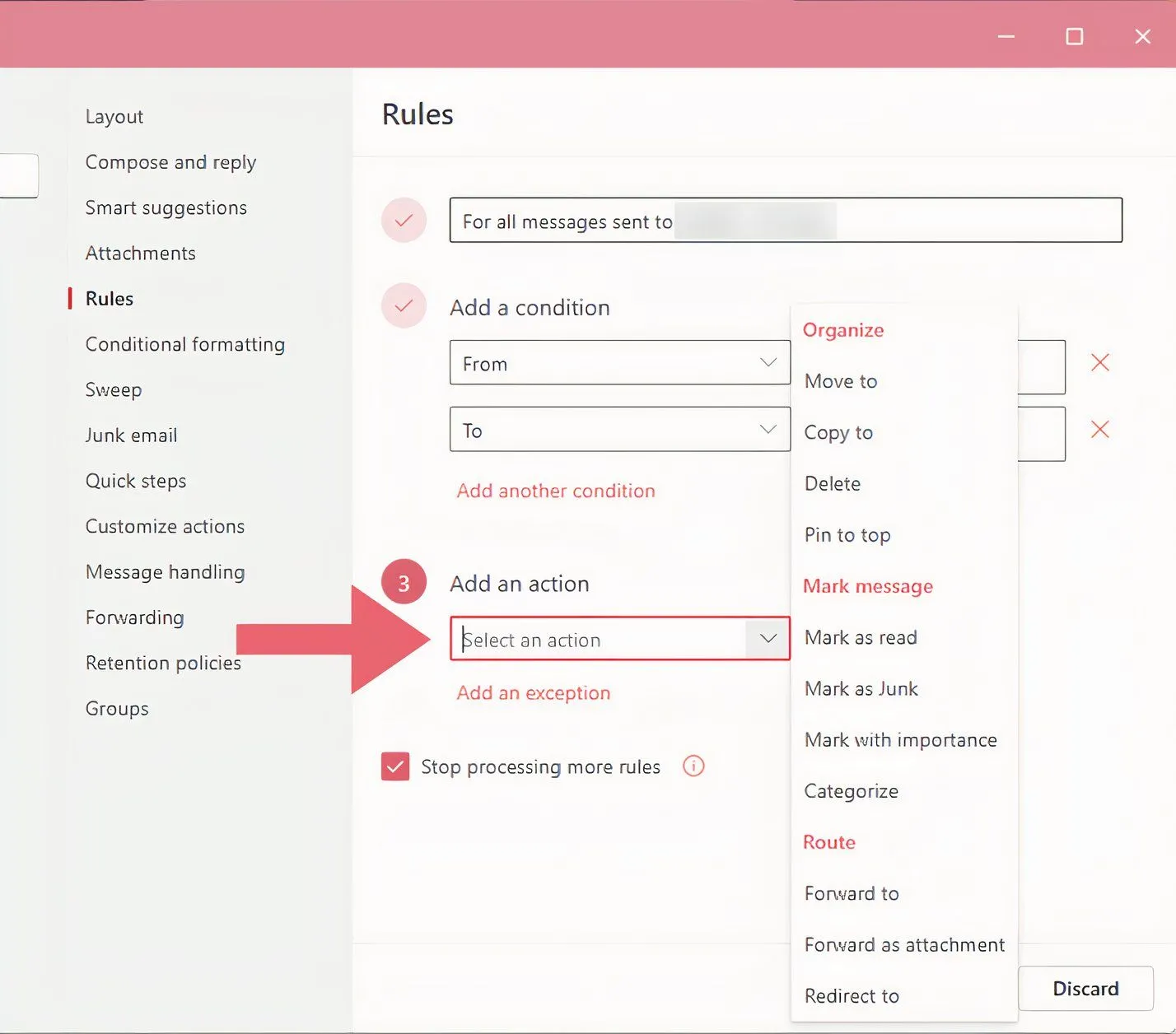 Menu thả xuống lựa chọn hành động cho quy tắc tự động trong Outlook, bao gồm di chuyển hoặc xóa email.