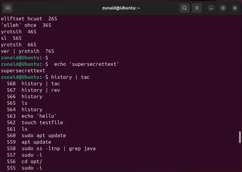 Minh họa việc thêm khoảng trắng trước lệnh để tránh lưu vào lịch sử Bash shell.