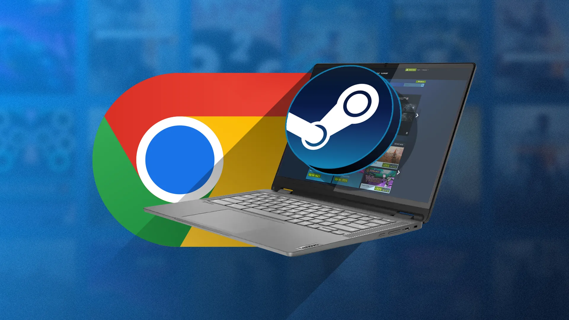 Một chiếc Chromebook với Steam đang mở, cùng logo Steam và Chrome bên cạnh.
