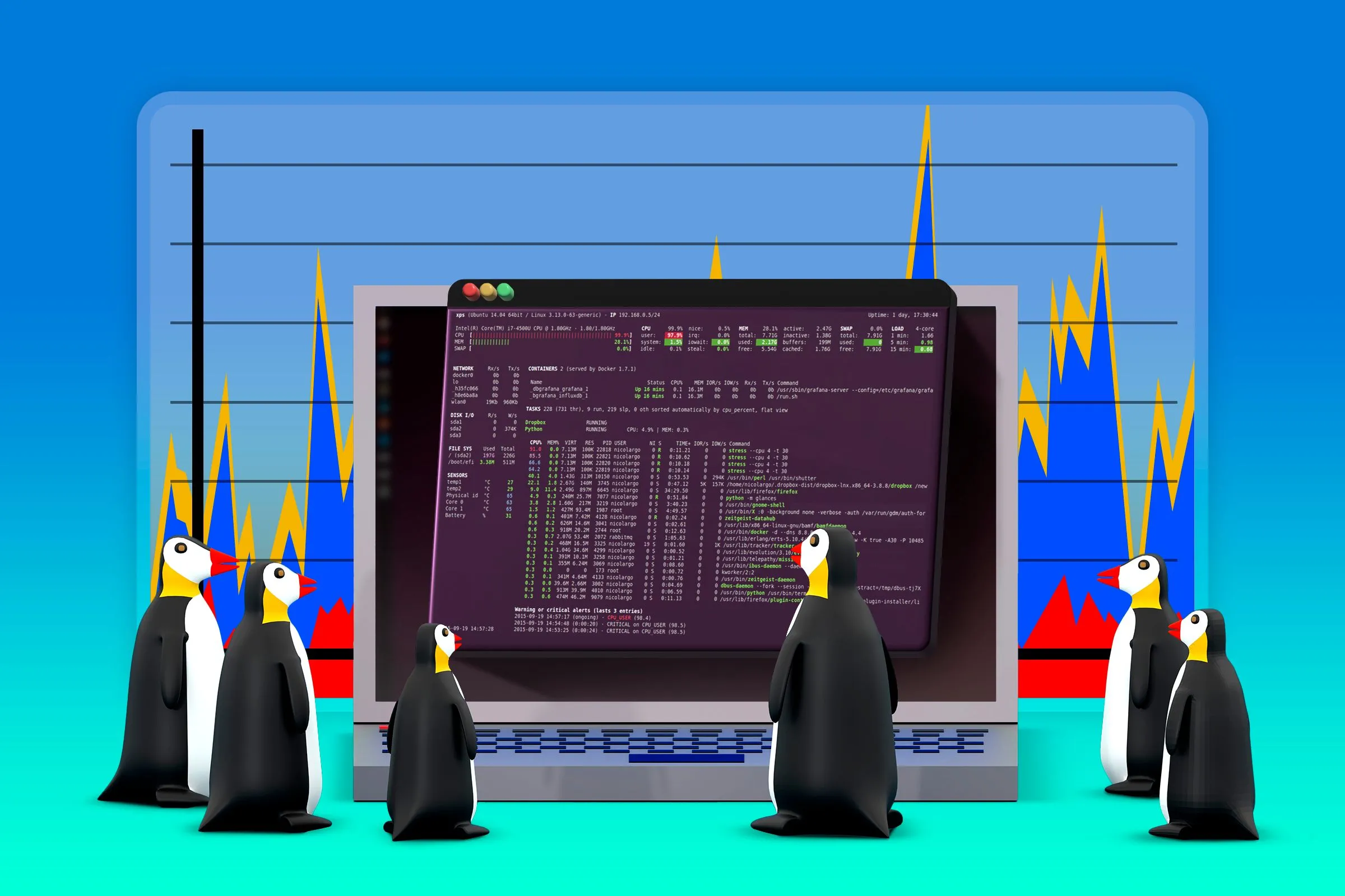 Một laptop Linux với terminal mở, nhiều linh vật chim cánh cụt Tux đang nhìn vào màn hình, và biểu đồ hiệu suất ở phía sau.