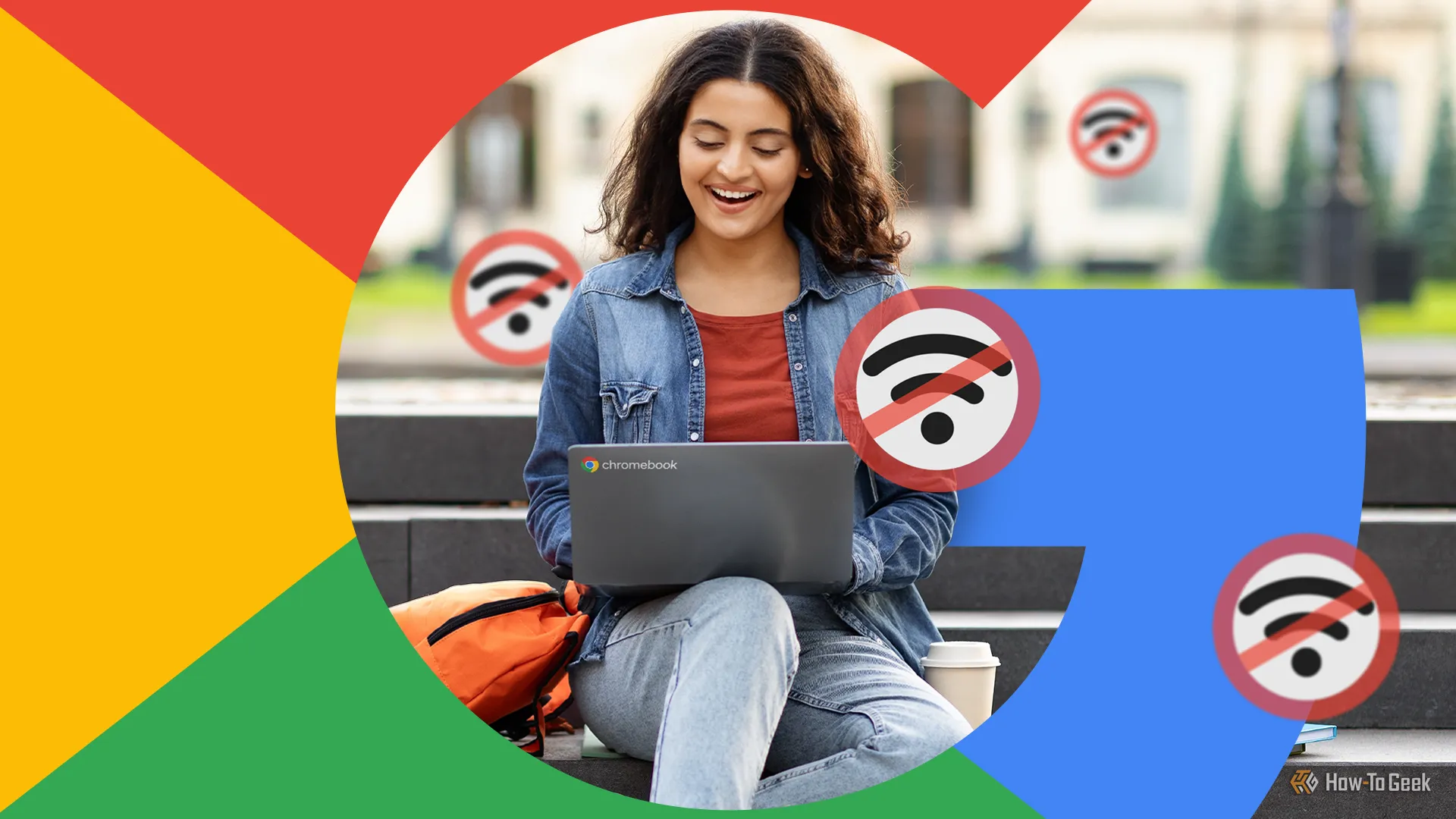 Một phụ nữ đang mỉm cười sử dụng Chromebook trên cầu thang, xung quanh là biểu tượng ngoại tuyến, minh họa khả năng làm việc không cần internet.