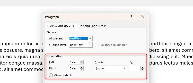 Mục Indentation (Thụt lề) trong hộp thoại Paragraph của Word được làm nổi bật