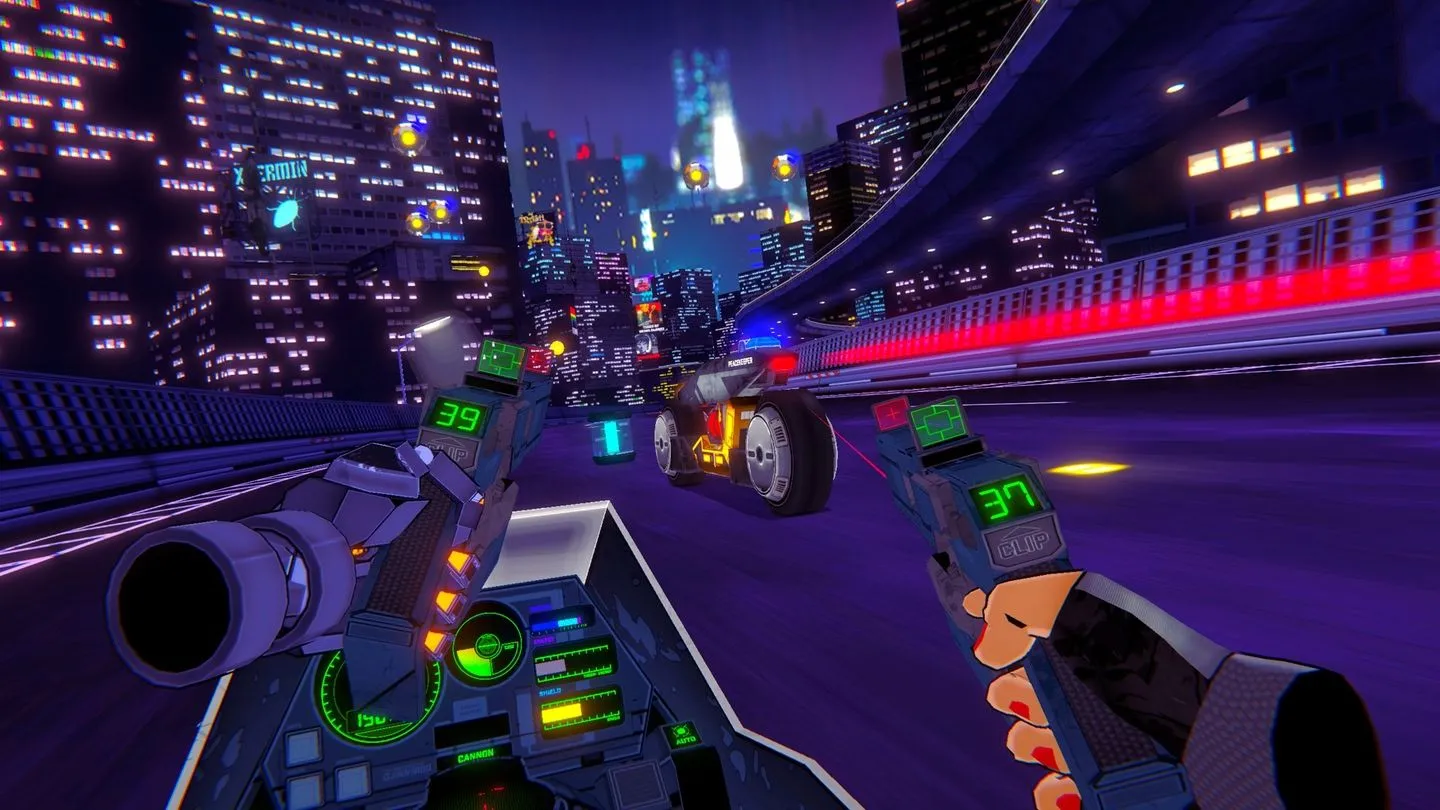 Người chơi lái mô tô bắn súng trong game VR RUNNER mang phong cách cyberpunk.