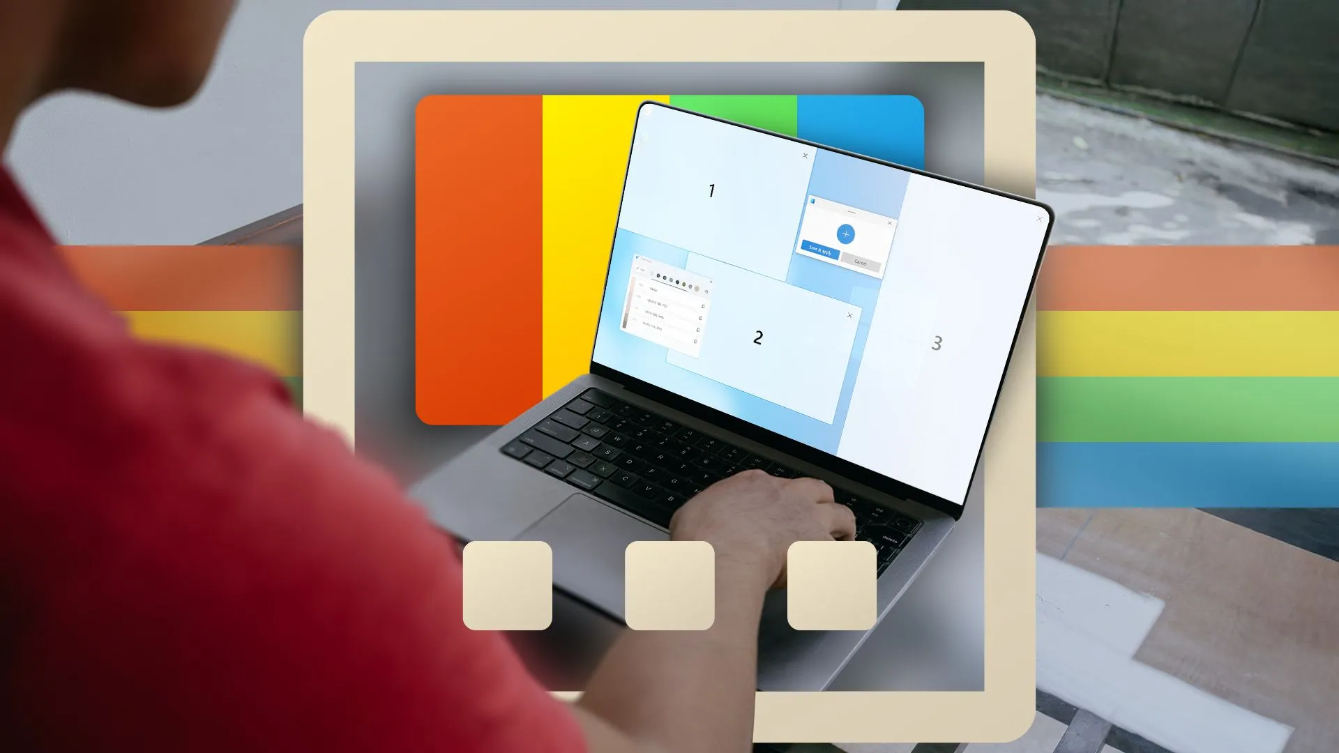 Người dùng đang tận dụng tính năng FancyZones của PowerToys để quản lý cửa sổ hiệu quả trên laptop, logo PowerToys ở hậu cảnh.