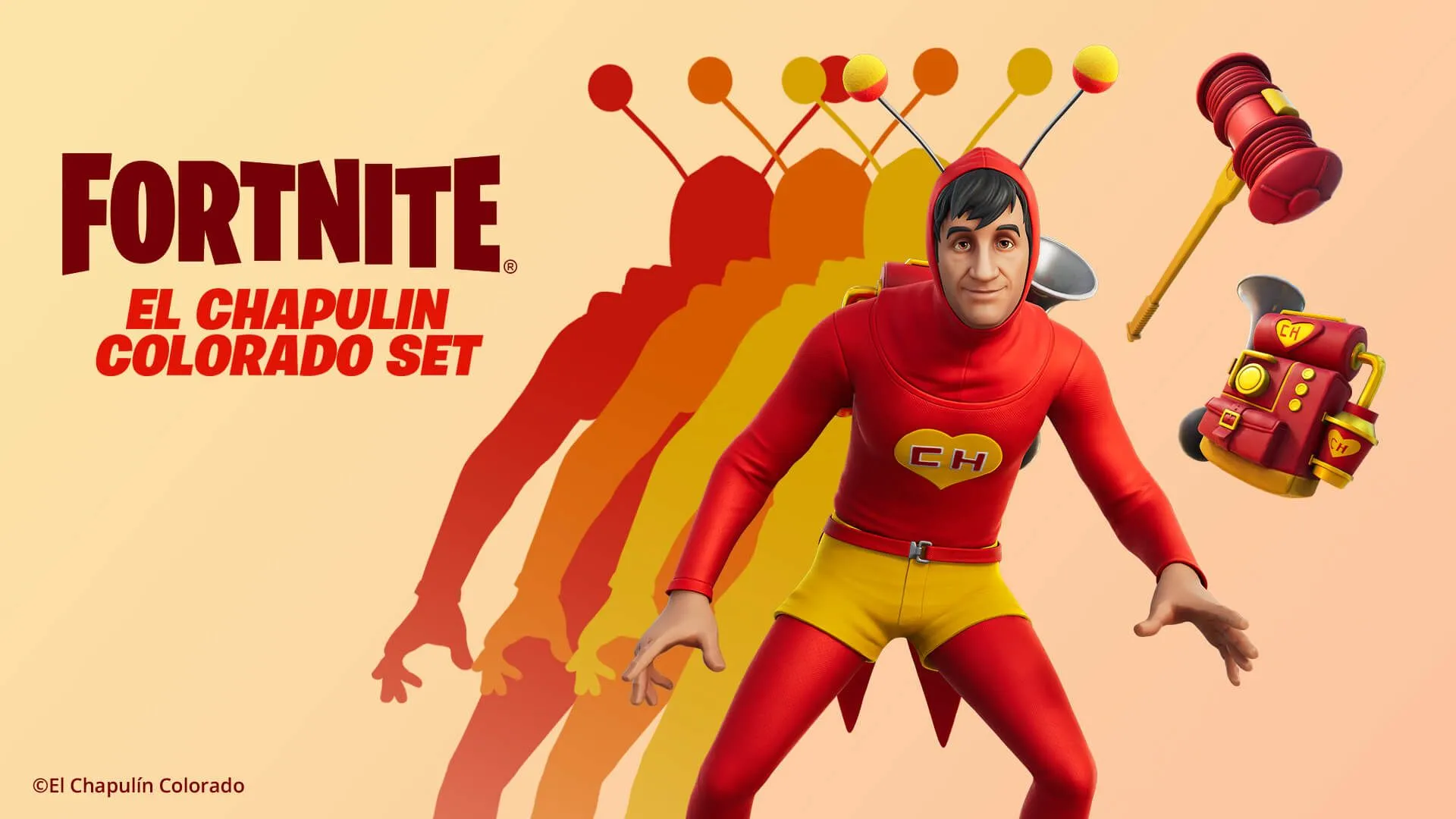 Nhân vật El Chapulin Colorado trong trang phục Fortnite, thể hiện sự kết hợp đa dạng trong các sự kiện crossover của Fortnite.