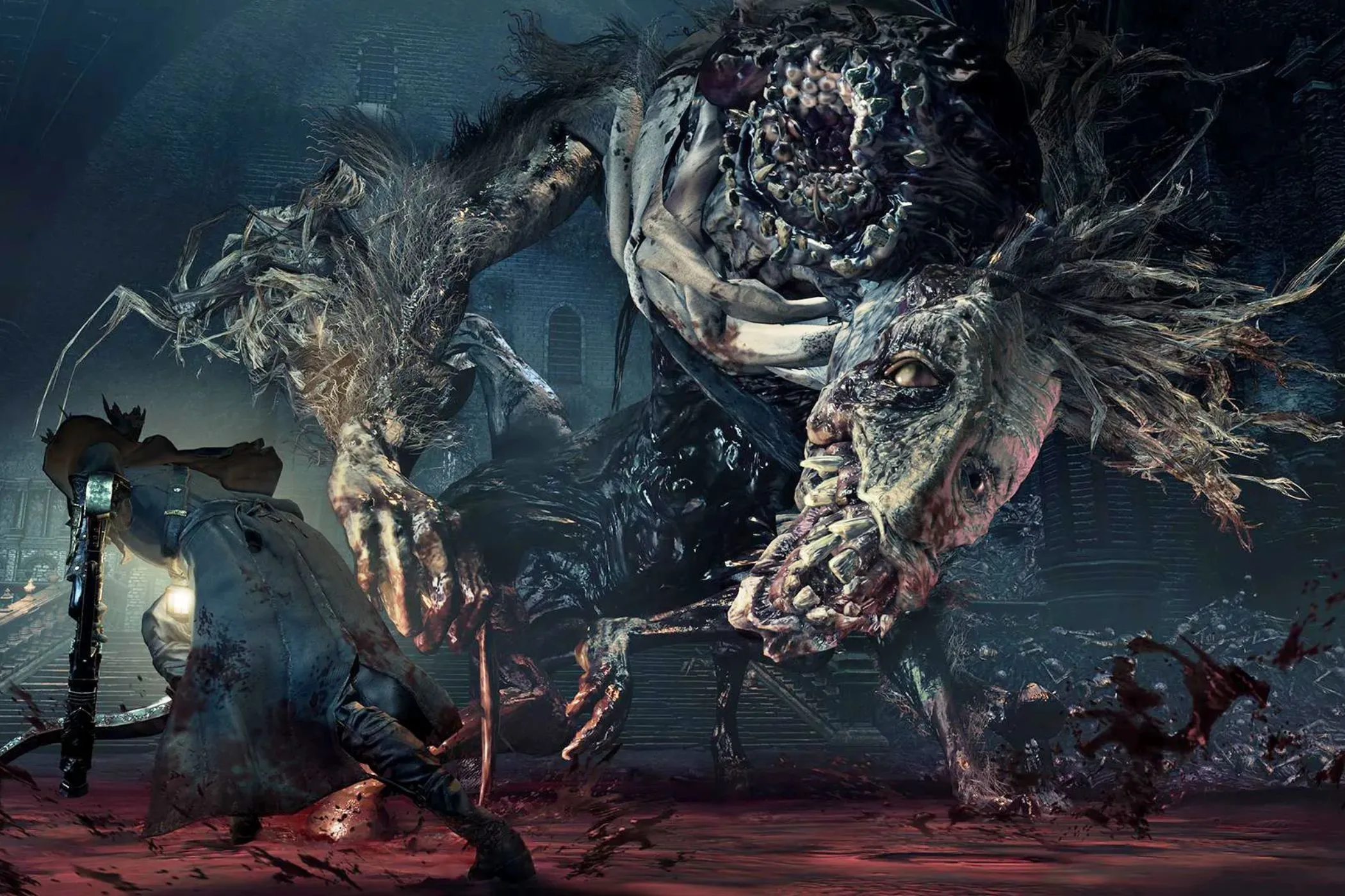 Nhân vật thợ săn đối mặt với một con quái vật đáng sợ trong tựa game Bloodborne