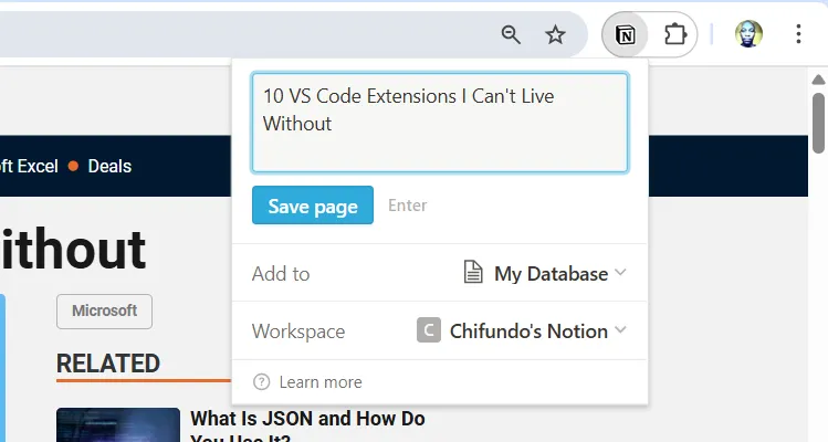 Notion Web Clipper đang lưu trữ một trang web vào không gian làm việc của Notion